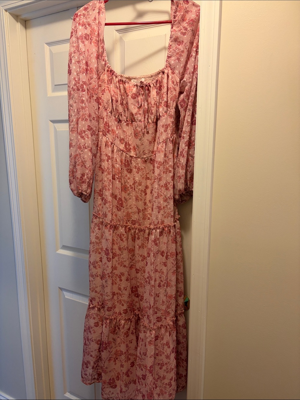 Altar'd State Pink Floral Tiered Maxi Dress with Puff Sleeves